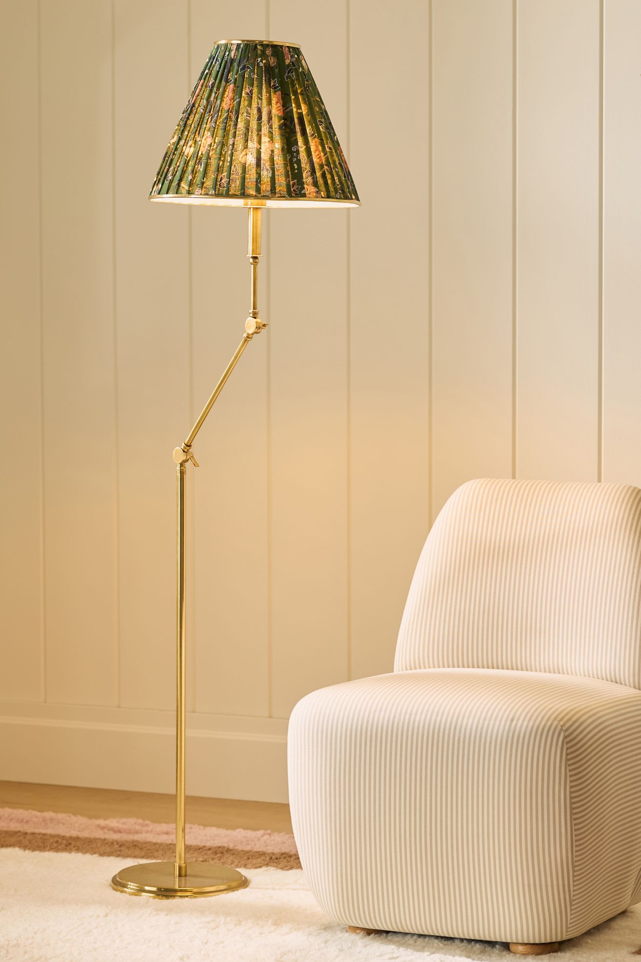 Lee Ruched Articulating Printed Shade Brass Floor Lamp - Green, One Size