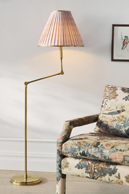 Anthropologie Lee Ruched Articulating Printed Shade Brass Floor Lamp In Gold