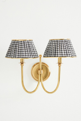 Anthropologie Lee Ruched Articulating Printed Shade Brass Double Sconce In Gold
