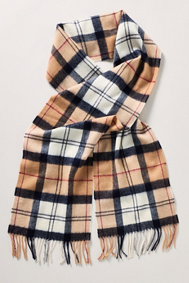 Barbour Tartan Plaid Cashmere Blend Fringe Scarf In Sand