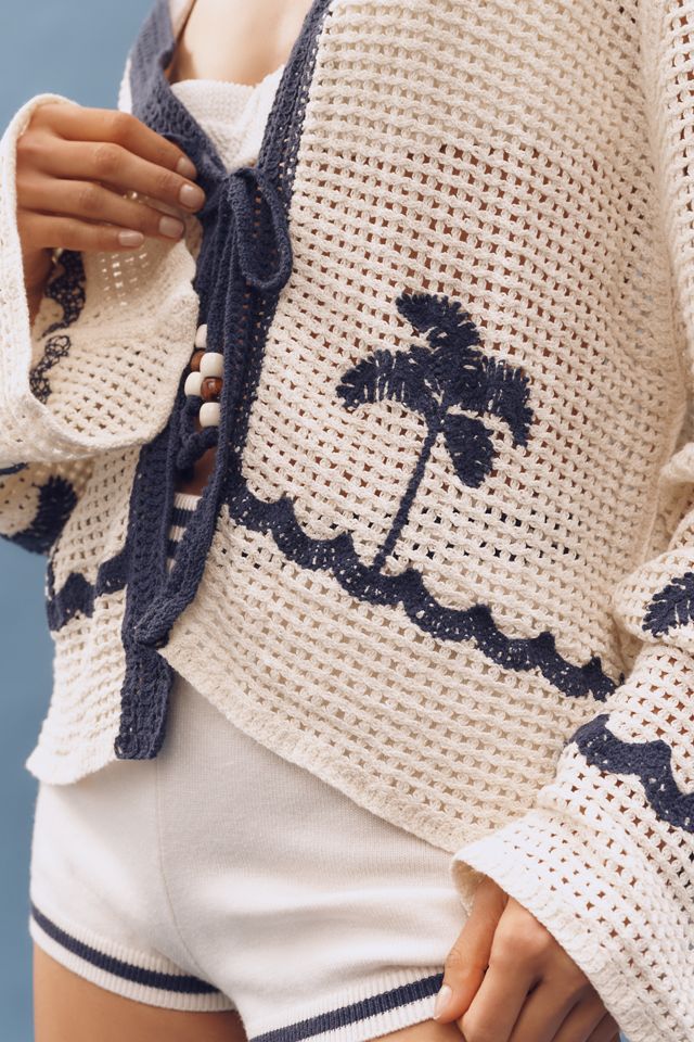 By Anthropologie Palm Tree Embellished Cardigan Sweater #3