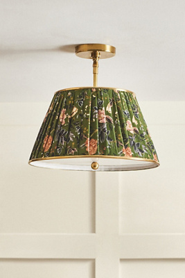 Anthropologie Lee Brass 16" Ruched Printed Semi-flush Mount Pendant Light In Green