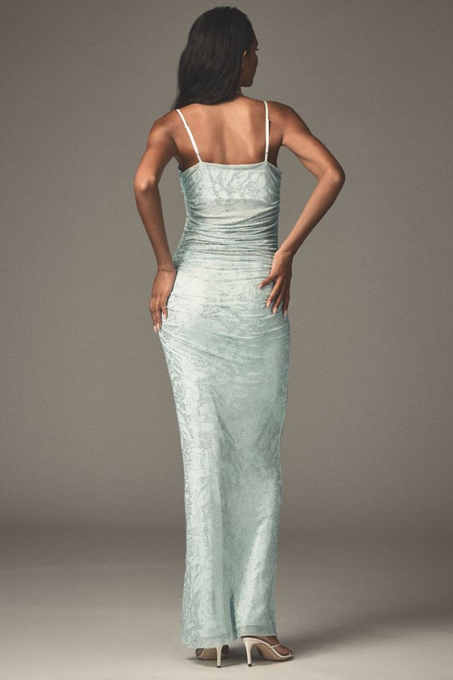 AFRM Jennan Rose Rhinestone Mesh Fitted Maxi Dress
