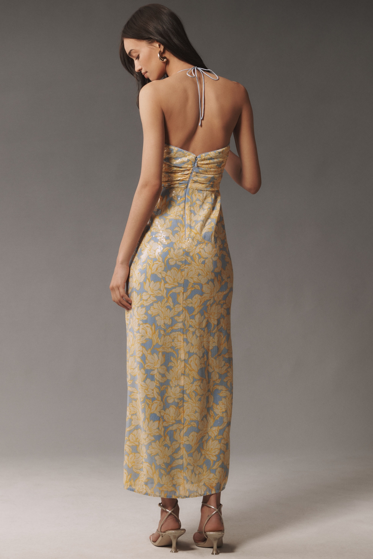 Hutch Tylia Sleeveless Ruched Side-Slit Sequin Maxi Dress