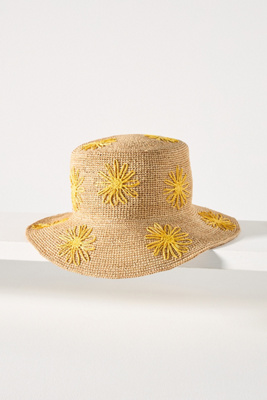 San Diego Hat Co. Floral Embroidered Straw Bucket Hat In Yellow