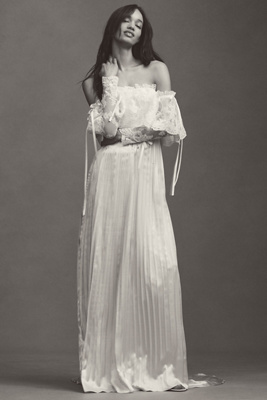 Daughters Of Simone Luca Off-the-shoulder Lace Pleated Satin Wedding Gown