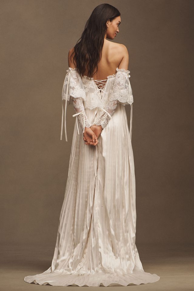 Daughters of Simone Luca Off-The-Shoulder Lace Pleated Silk Wedding Gown #2