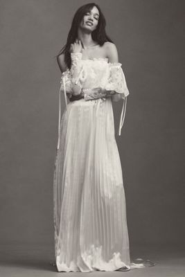 Daughters of Simone Luca Off-The-Shoulder Lace Pleated Silk Wedding Gown