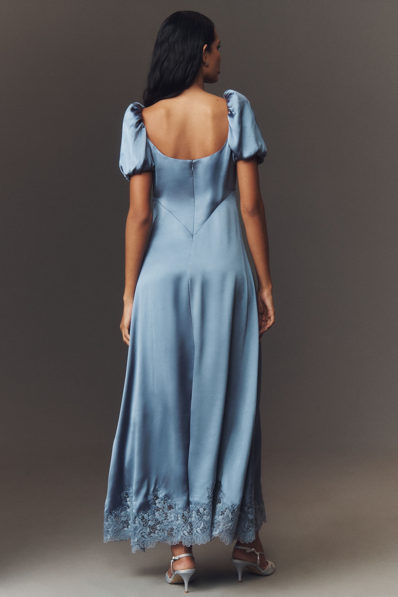 Mare Puff-Sleeve Square-Neck Satin Maxi Dress