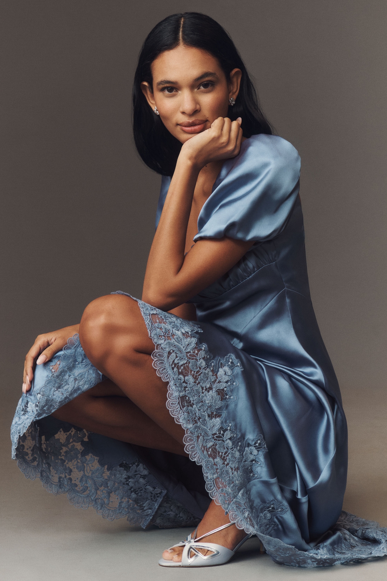 Mare Puff-Sleeve Square-Neck Satin Maxi Dress