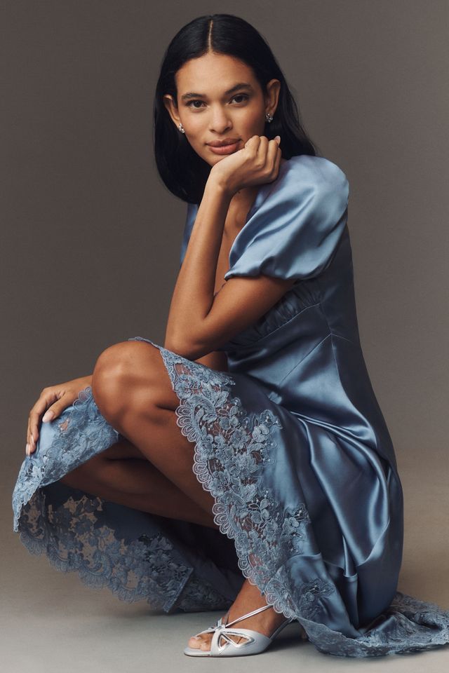 Mare Mare Puff-Sleeve Square-Neck Satin Maxi Dress