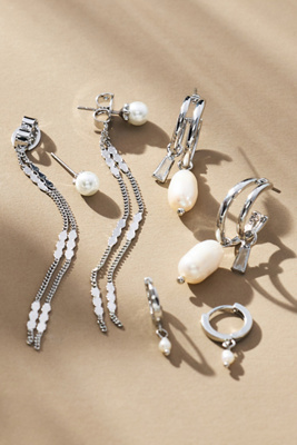 By Anthropologie Mixed Pearl Huggie & Drop Earrings In Silver