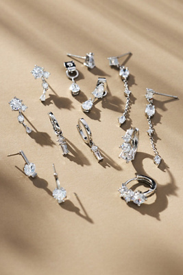 By Anthropologie Delicate Crystal Huggie Hoop Earrings, Set Of 6 In Silver