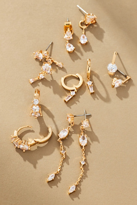 By Anthropologie Delicate Crystal Huggie Hoop Earrings, Set Of 6 In Gold