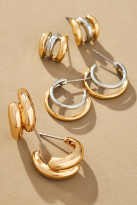 By Anthropologie Mixed Metal Huggie Hoop Earrings, Set Of 3 In Gold