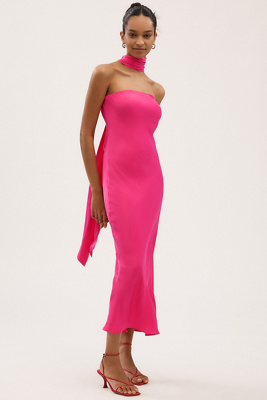 Shop Bhldn Leah Strapless Satin Scarf Midi Slip Dress In Purple