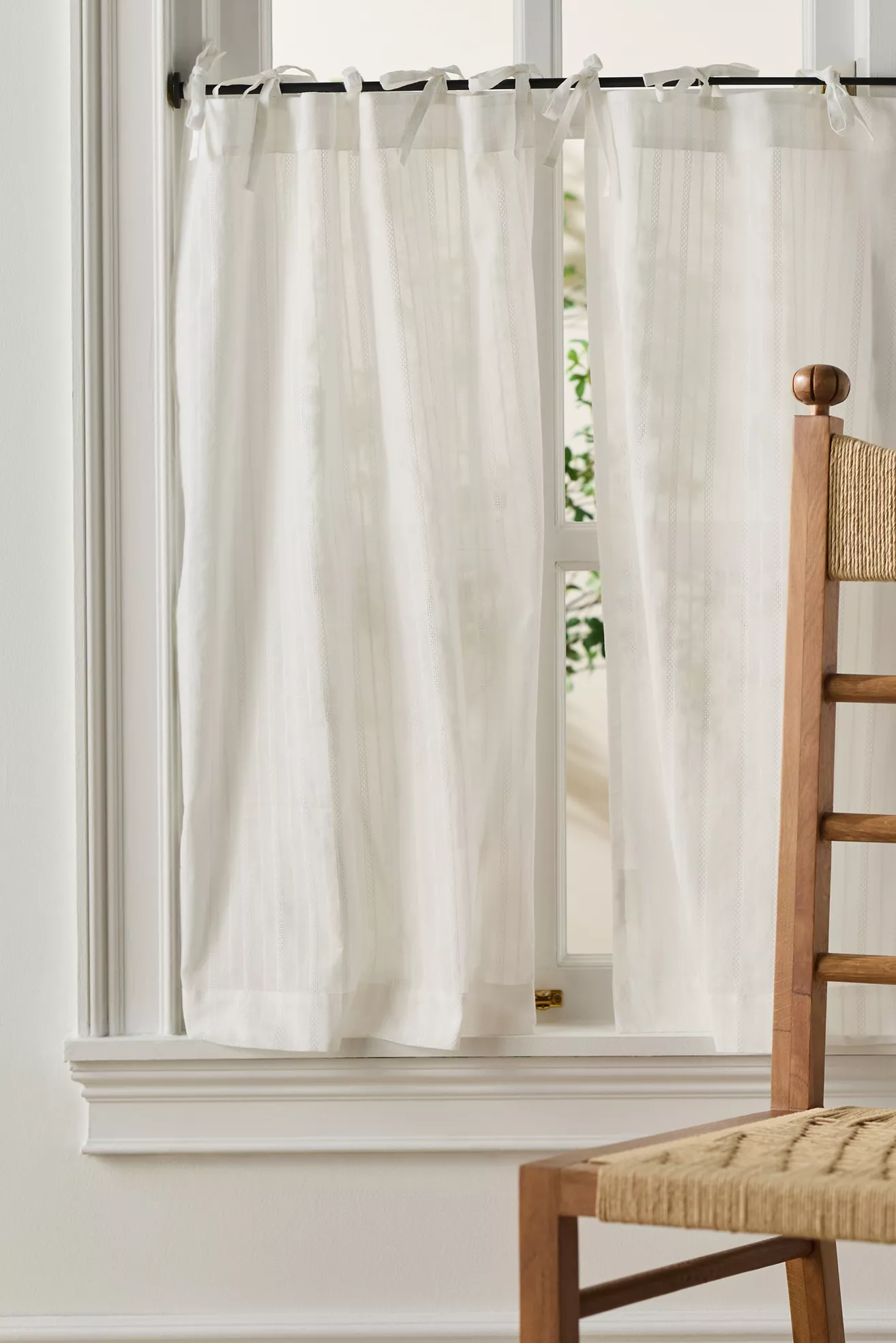 Cotton Dobby Striped Sheer Tie-Top Café Curtains, Set of 2