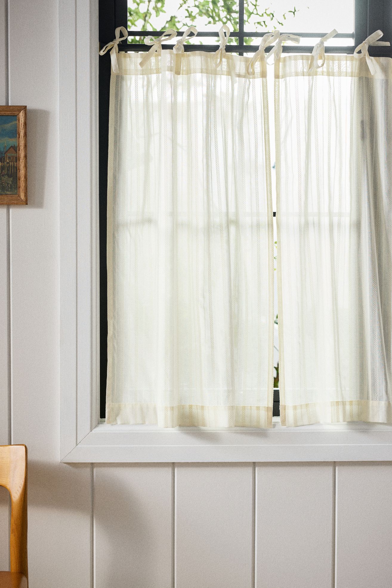 Cotton Dobby Striped Sheer Tie-Top Café Curtains, Set of 2 - Ivory, Standard, 25" x 36"