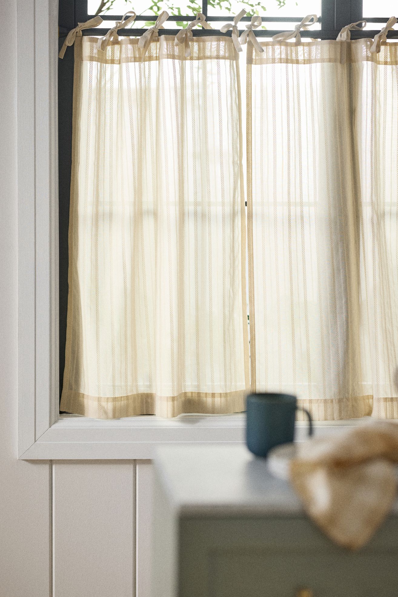 Cotton Dobby Striped Sheer Tie-Top Café Curtains, Set of 2 - Oatmeal, Standard, 25" x 36"