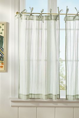Cotton Dobby Striped Sheer Tie-Top Café Curtains, Set of 2