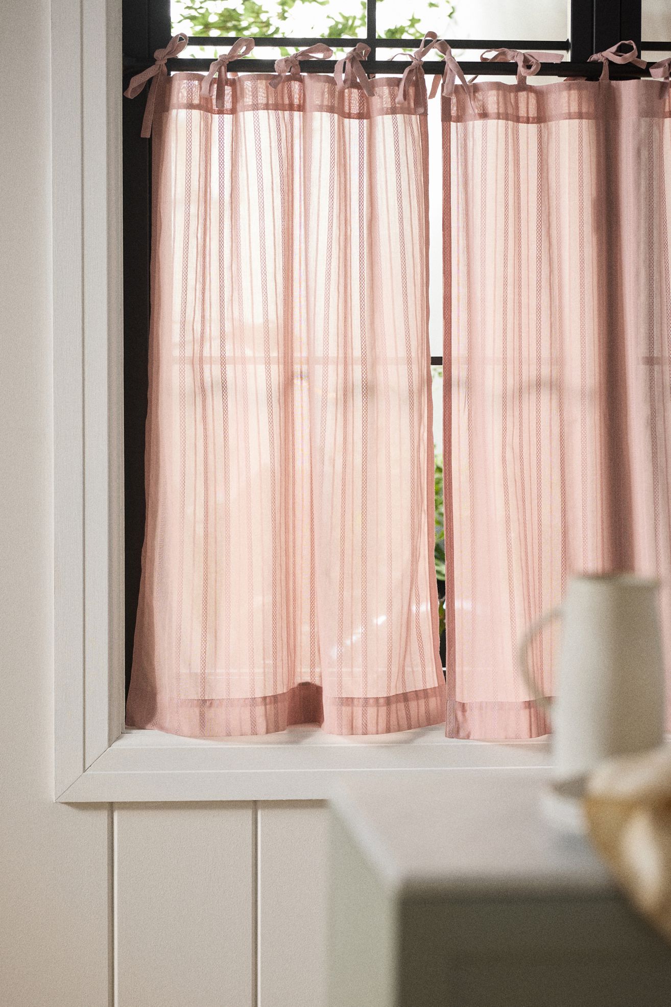 Cotton Dobby Striped Sheer Tie-Top Café Curtains, Set of 2 - Mauve, 25" x 36"