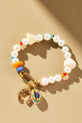 By Anthropologie Beaded Charm Stretch Bracelet In White