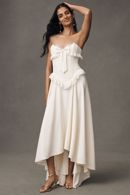 For Love & Lemons Harmony Silk Strapless Corset Drop-waist High-low Maxi Dress In White