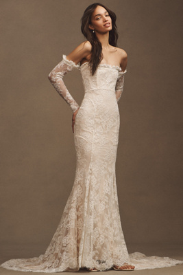 Daughters Of Simone Sequoia Lace Off-the-shoulder Long-sleeve Mermaid Wedding Gown