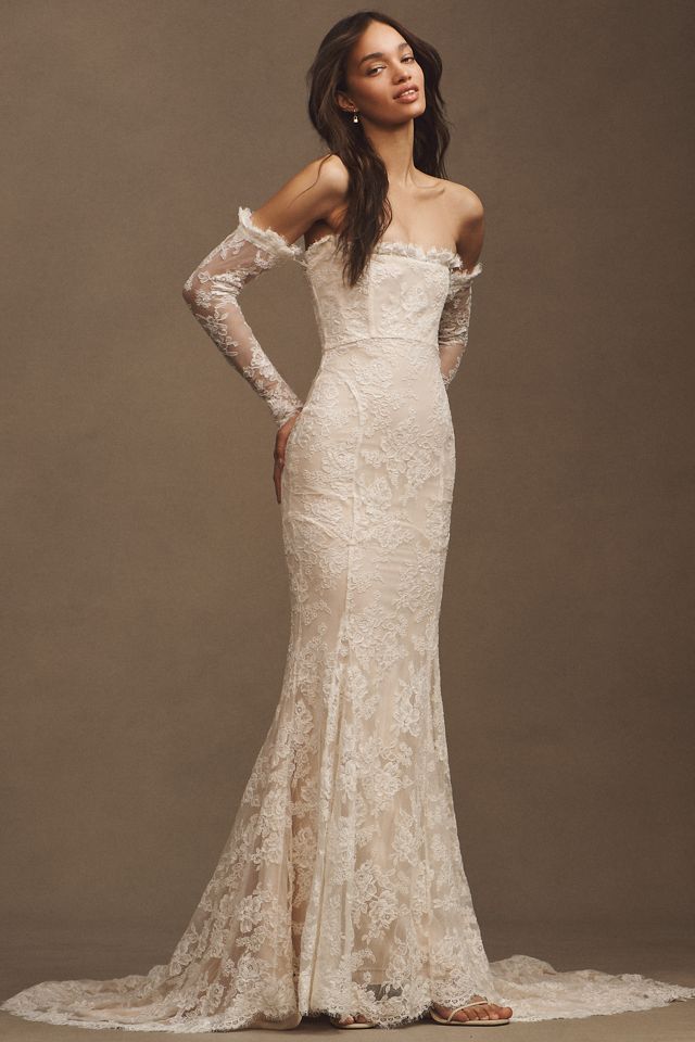 Wtoo by Watters Pendant Lace Off-The-Shoulder Long-Sleeve Ball-Skirt Wedding Gown