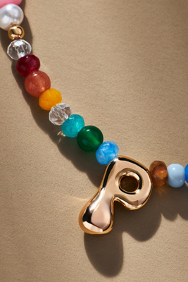 By Anthropologie Colorful Beaded Bubble Letter Monogram Necklace In Alphabet