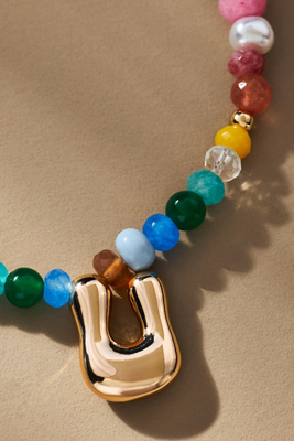 By Anthropologie Colorful Beaded Bubble Letter Monogram Necklace In Alphabet