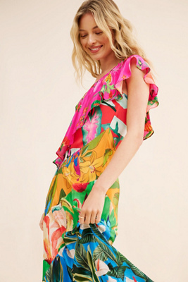 FARM Rio Mixed Flowery Ruffle One Shoulder Dress | Anthropologie
