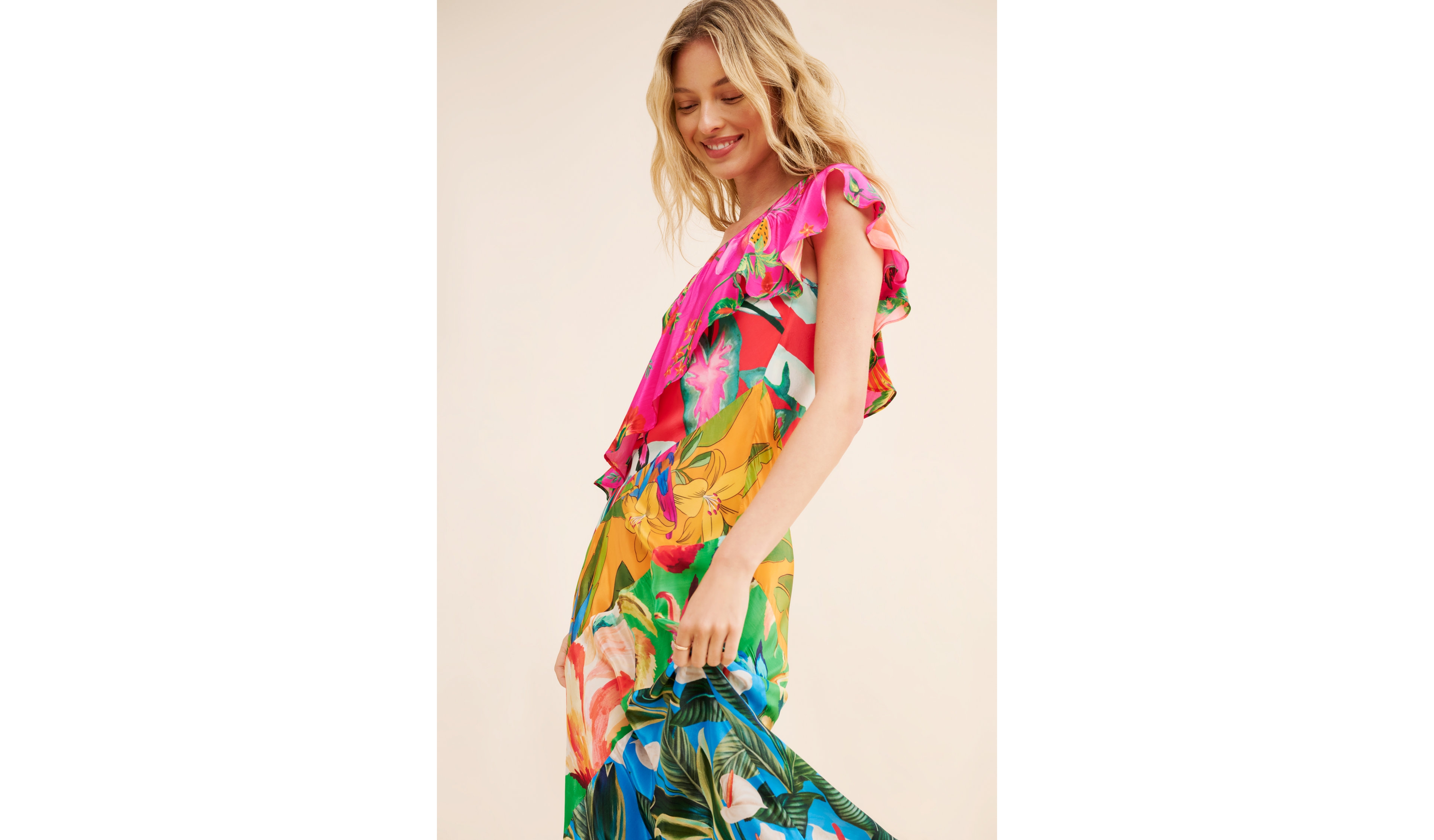 FARM Rio Mixed Flowery Ruffle One Shoulder Dress