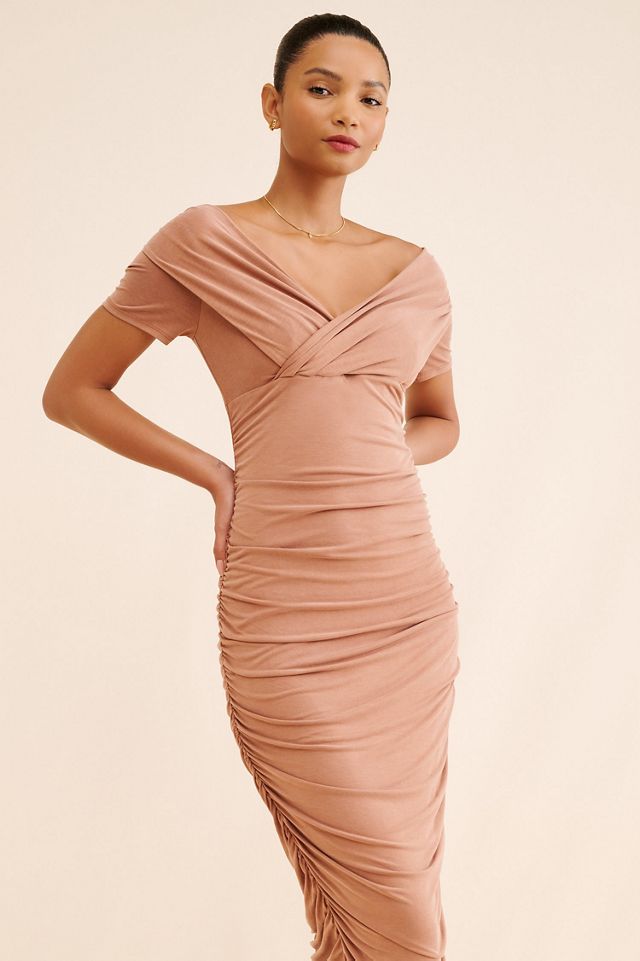 Off-The-Shoulder Ruched Slim Midi Dress #3