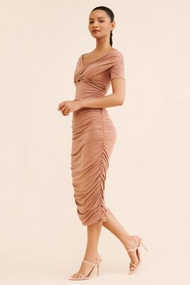 Off-The-Shoulder Ruched Slim Midi Dress