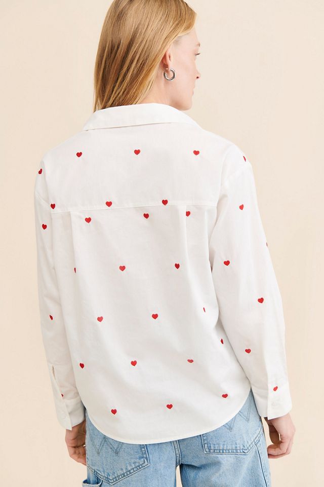 Flat White Embroidered Buttondown Long Sleeve Top #1