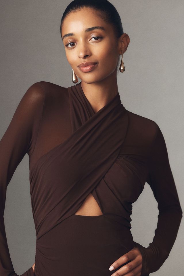 Bardot Veria Long-Sleeve Wrap Mesh Maxi Dress