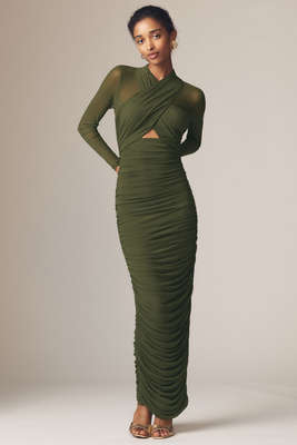 Bardot Aliyah Long-sleeve Front-cutout Midi Dress In Green