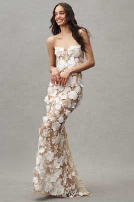 BRONX AND BANCO JASMINE BLANC STRAPLESS FLORAL APPLIQUÉ SHEER WEDDING GOWN 
