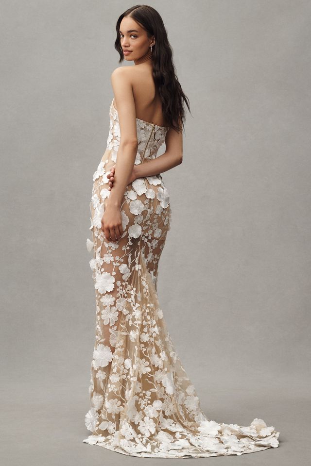 Bronx and Banco Jasmine Blanc Strapless Floral Appliqué Sheer Wedding Gown