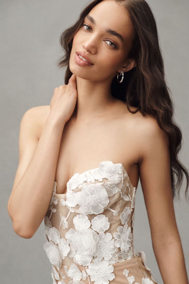 Bronx and Banco Jasmine Blanc Strapless Floral Appliqué Sheer Wedding Gown
