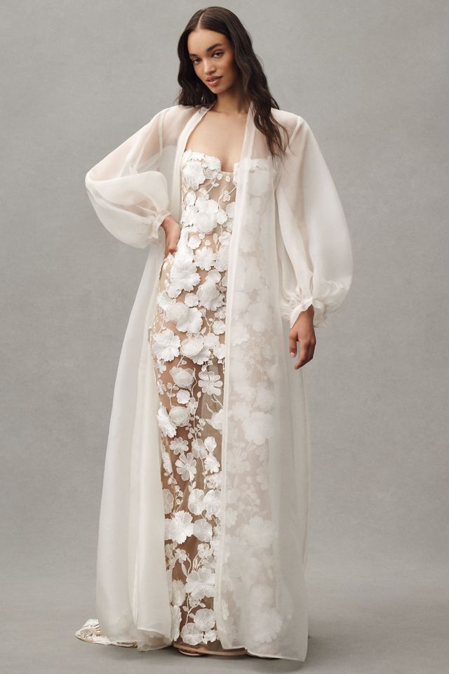Bronx and Banco Jasmine Blanc Strapless Floral Appliqué Sheer Wedding Gown