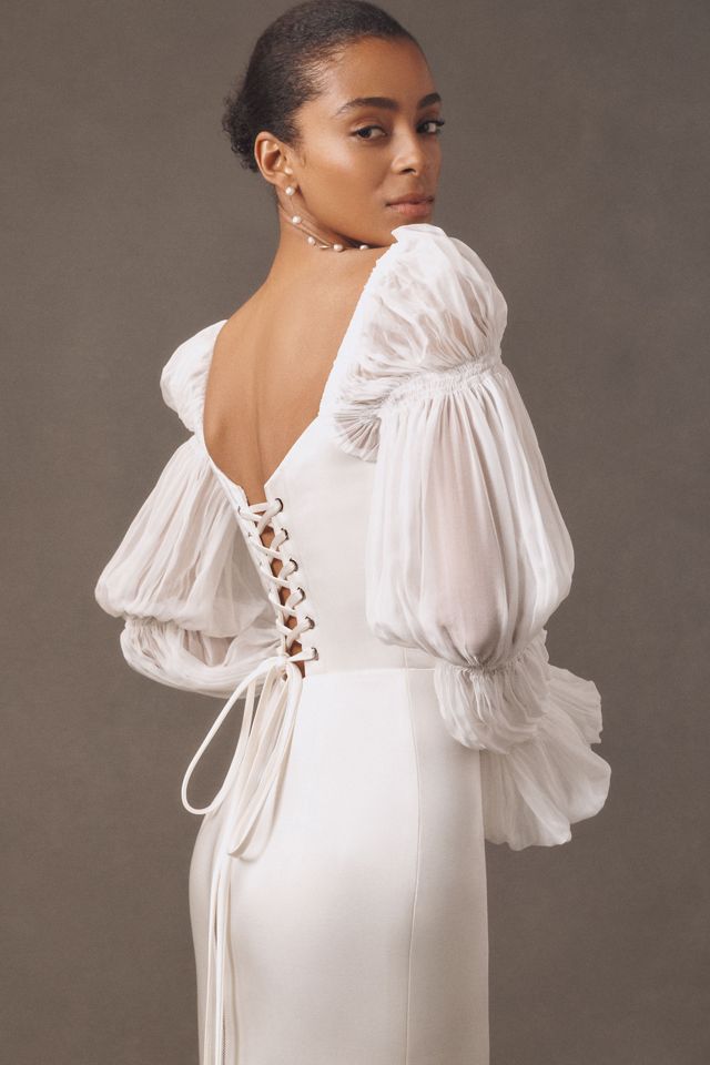Bronx and Banco Florentina Blanc Long-Sleeve Column Wedding Gown #1