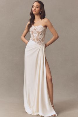 Bronx and Banco Gina Strapless Lace Satin Wrap Wedding Gown