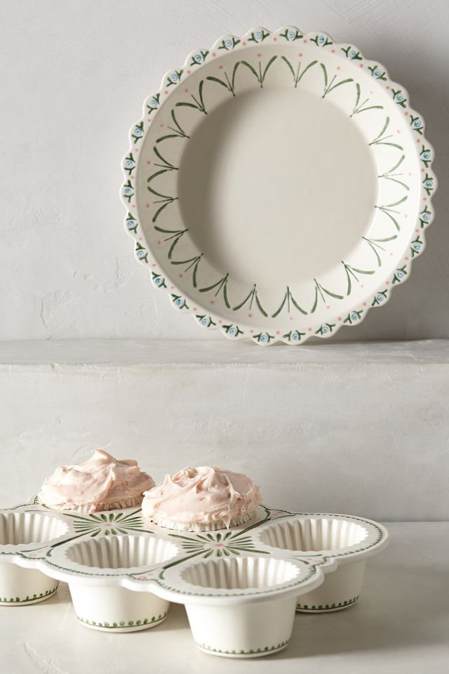 Anthropologie Ceramic Muffin Pan Maelle Pattern Green Pink And