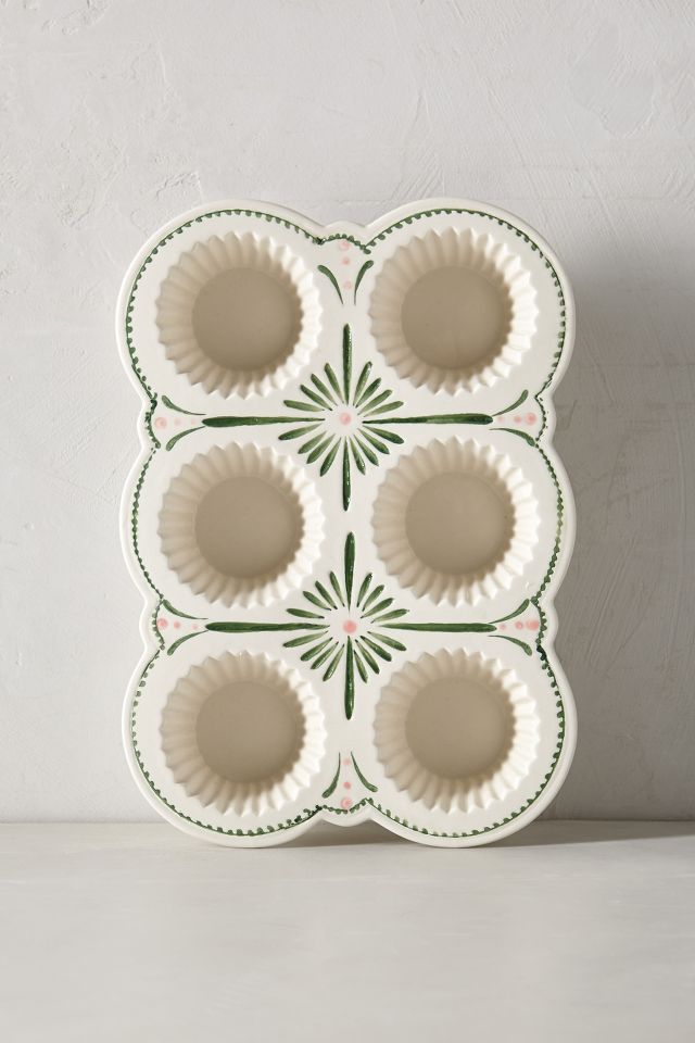 Anthropologie Ceramic Muffin Pan Maelle Pattern Green Pink And