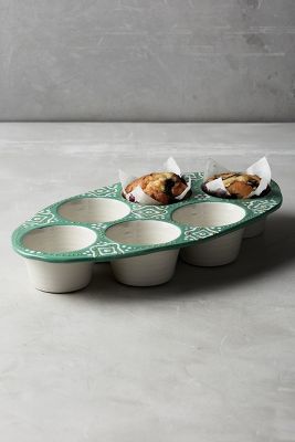 Anthropologie Ceramic Muffin Pan Maelle Pattern Green Pink And