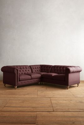 Anthropologie Linen Lyre Chesterfield Sectional, Wilcox In Burgundy