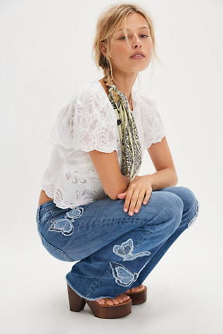 Driftwood Eva X Butterfly Patchwork Jeans at Free People in Medium Wash, Size: 26
