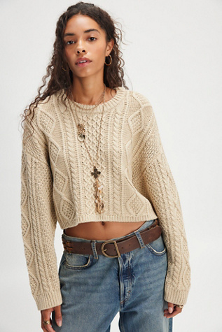 Denimist Cropped Cable Crewneck Sweater at Free People in Tan, Size: S